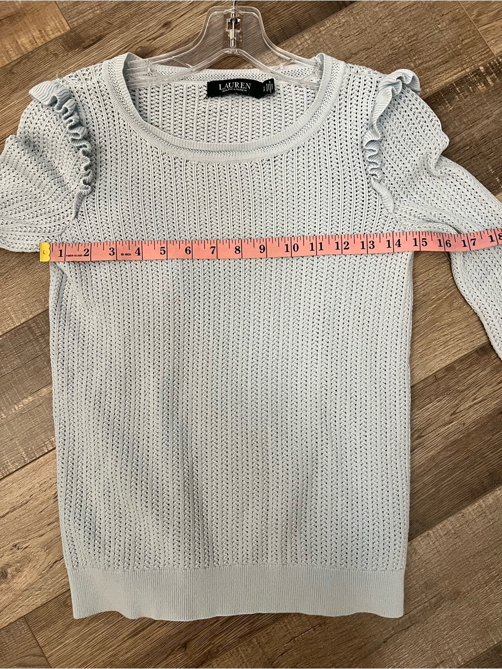 Ralph Lauren Light Blue Ruffle-Trim Knit Top with built in tank sz S EUC